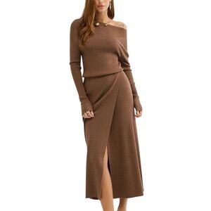 Commense Brown Off Shoulder Ribbed Knit Maxi Dress Wool Blend Long Sleeve Small